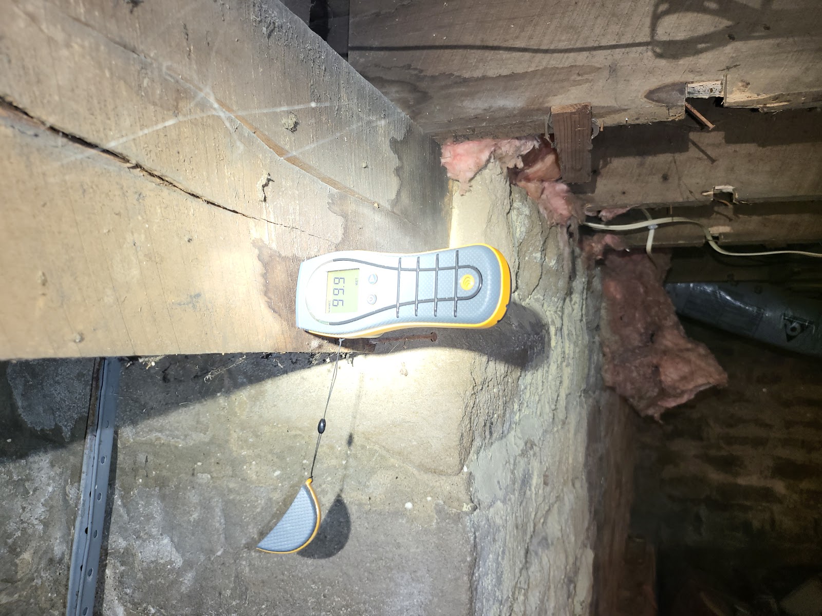 Professional moisture meter taking readings in a crawlspace during water damage inspection by Water Pro Inc in Bloomington Indiana