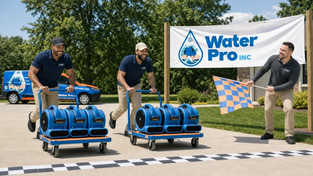 Water Pro technicians racing carts loaded with air movers during a playful team scene.